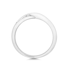 A top-down profile view of a white gold twist wedding band, showing the silhouette and polished finish.