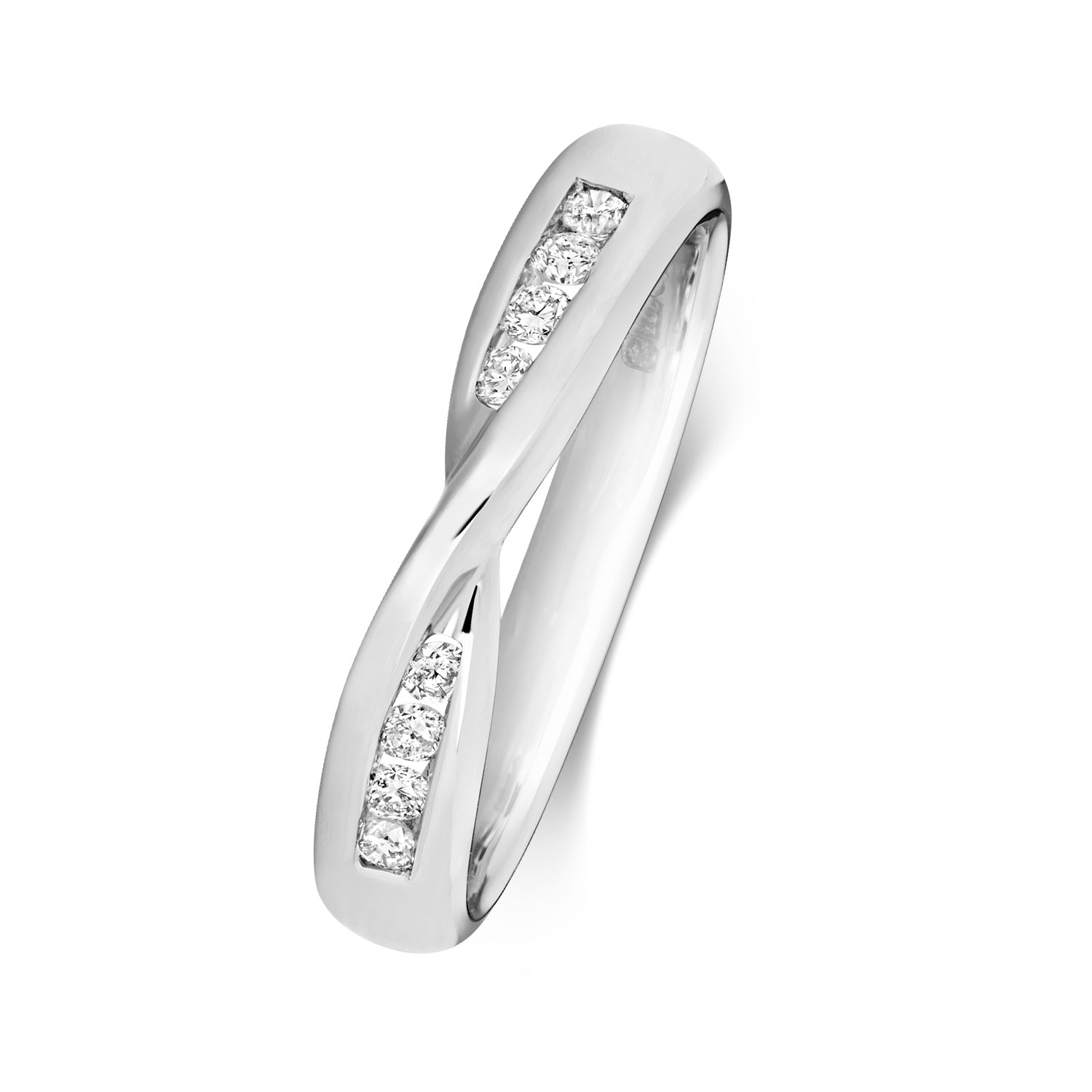 An angled side view of a platinum diamond twist ring, emphasising the secure and sleek channel setting.