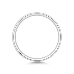 A top-down profile view of a platinum diamond ring, displaying the polished edges and uniform width.