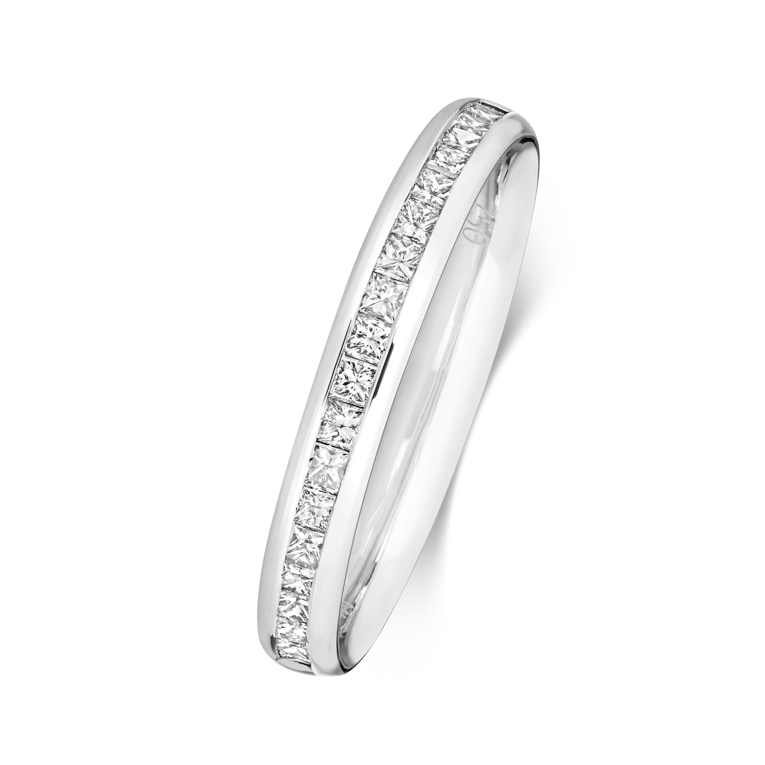 An angled side view of a princess cut diamond wedding band, showcasing the sleek channel set design and 50% coverage.