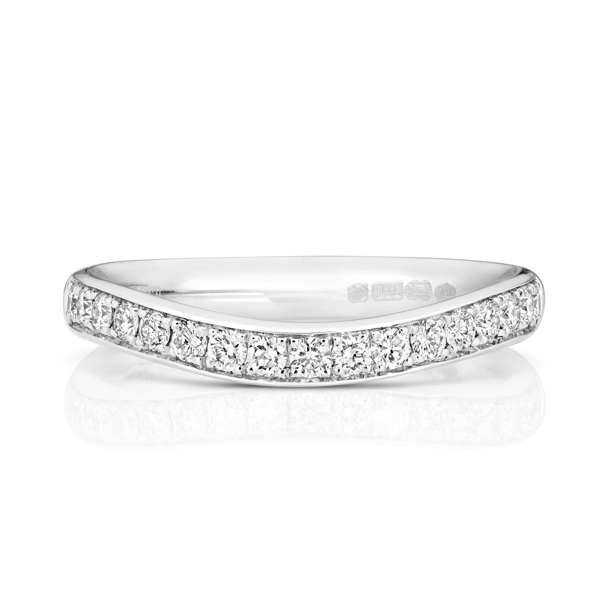 A front view of a diamond wave eternity ring, showcasing the gentle curve and 0.34ct of sparkling diamonds.