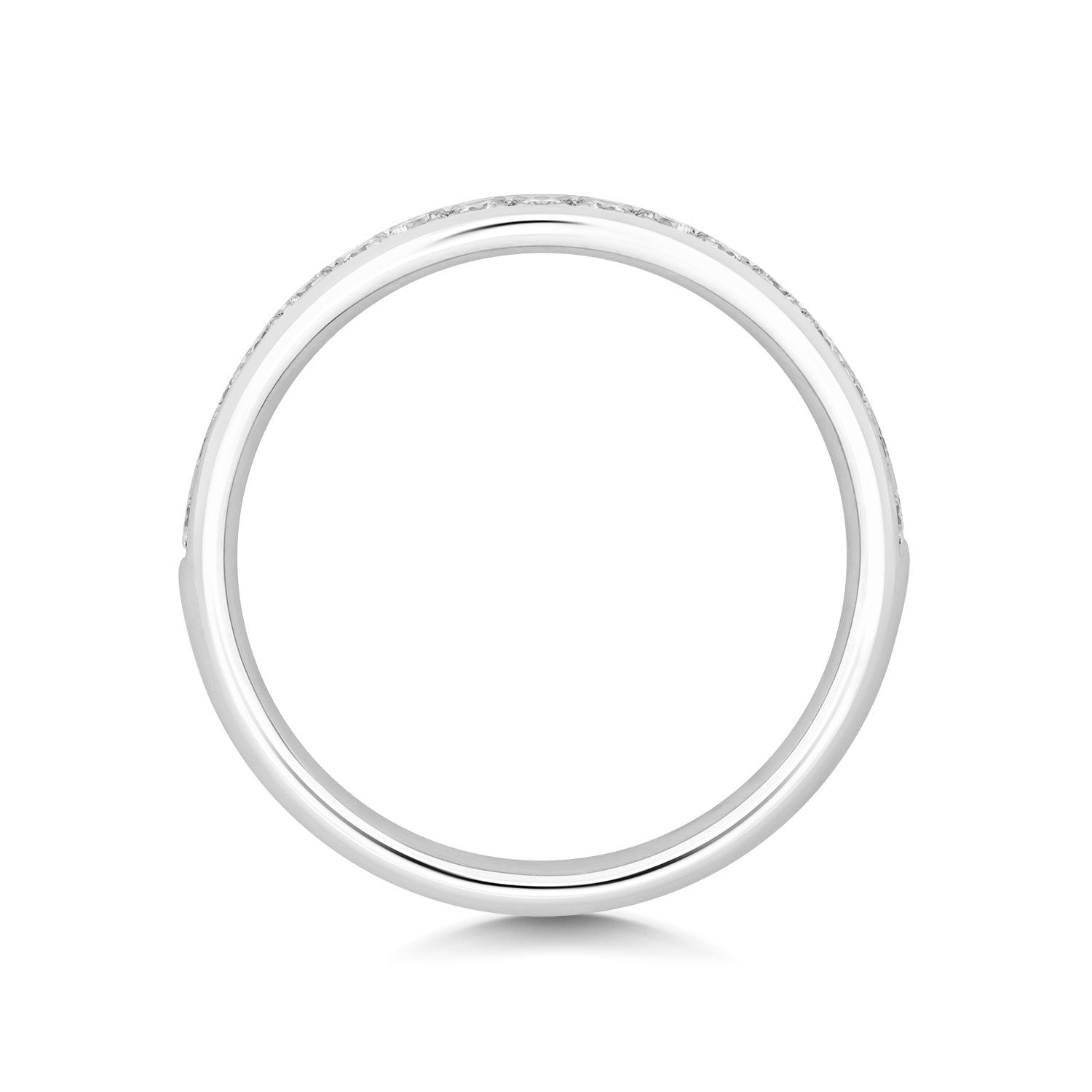 A top-down profile view of a curved diamond wedding band, displaying the unique wave shape and polished finish.