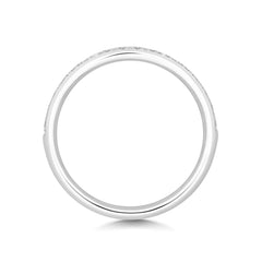 A top-down profile view of a curved diamond wedding band, displaying the unique wave shape and polished finish.