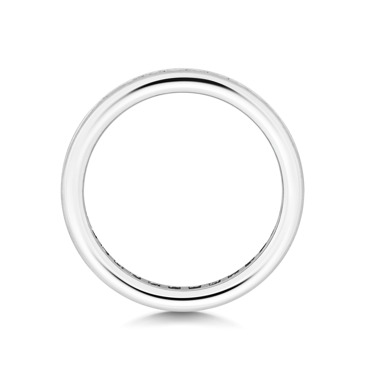 A top-down profile view of a full diamond eternity band, displaying the polished metal edges and consistent width.