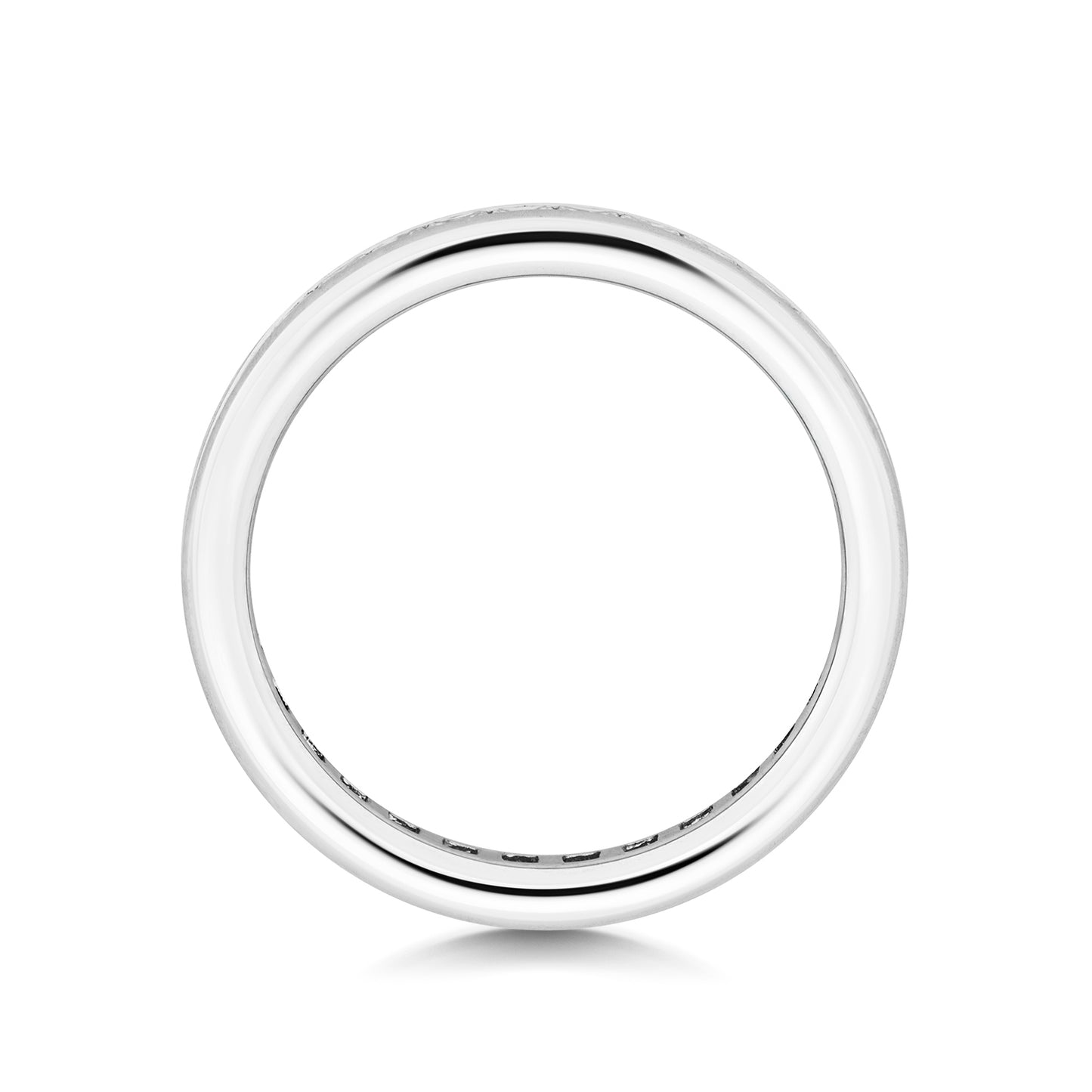 A top-down profile view of a full diamond eternity band, displaying the polished metal edges and consistent width.