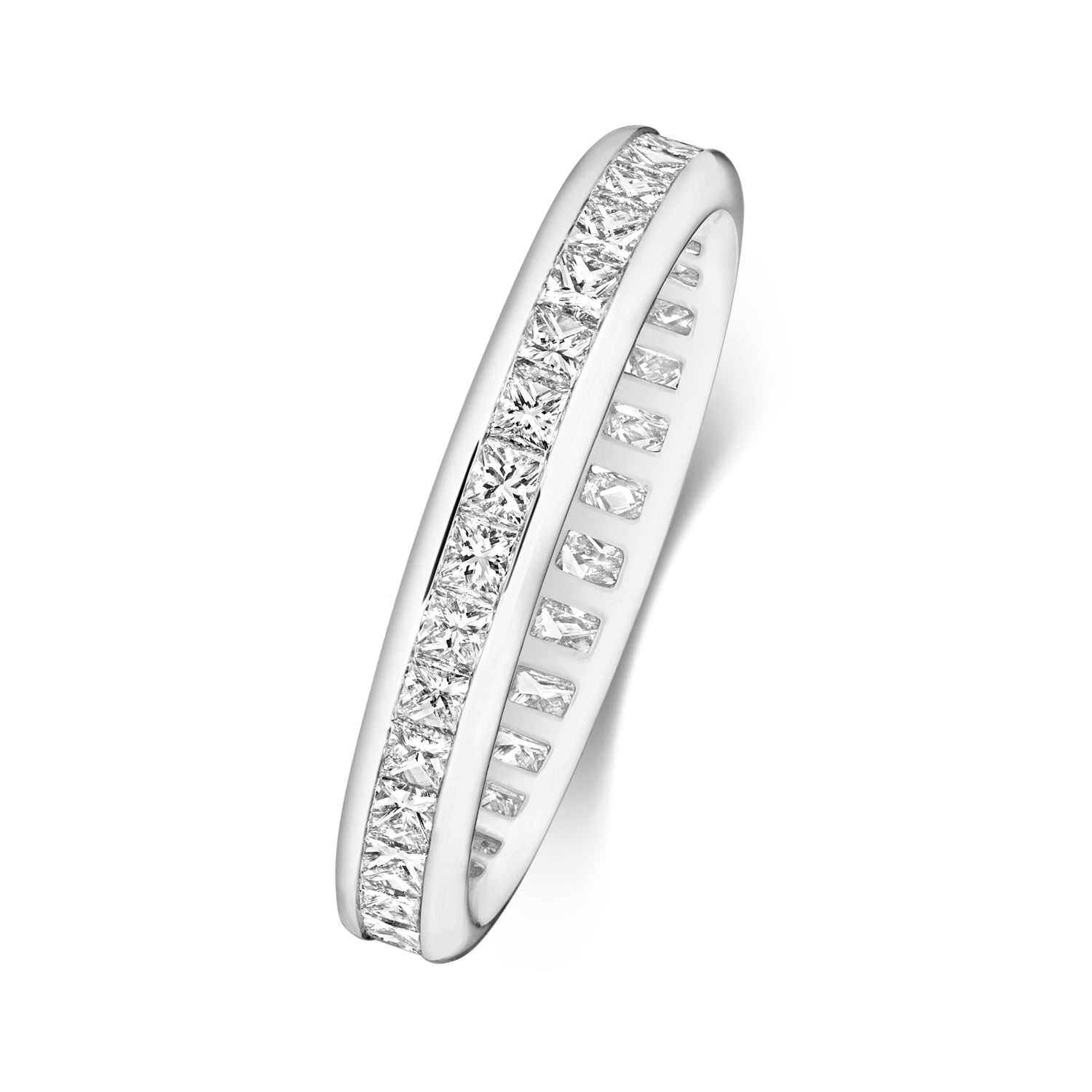 An angled side view of a platinum or 18ct white gold full eternity ring, showcasing the continuous row of princess cut diamonds.