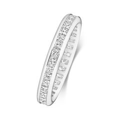 An angled side view of a platinum or 18ct white gold full eternity ring, showcasing the continuous row of princess cut diamonds.