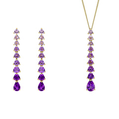 A 9ct gold jewellery set on a white background, featuring a pendant necklace and drop earrings with cascading purple amethyst and pink Rose de France amethyst gemstones.